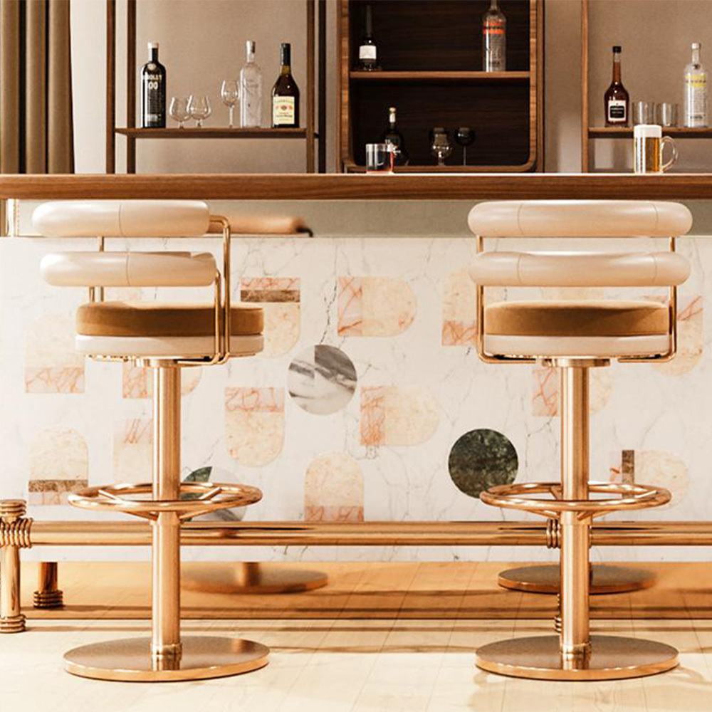 Luxury Bar Furniture Metal Frame Velvet Upholstered Bar Stools Golden Stainless Steel High Quality Bar Chair