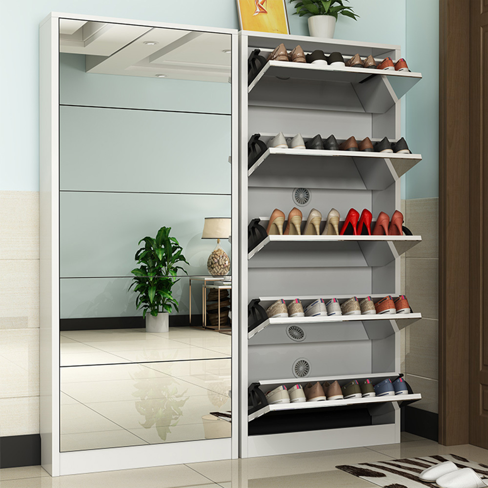 Modern Simple Wooden Folding Shoe Rack Cabinet Living Room Furniture Slim Shoe Racks With Mirror