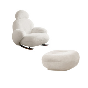 Modern Living Room Furniture White Plush Fabric Rocking Chair Solid Wood Legs Lounge Chair With Footstool