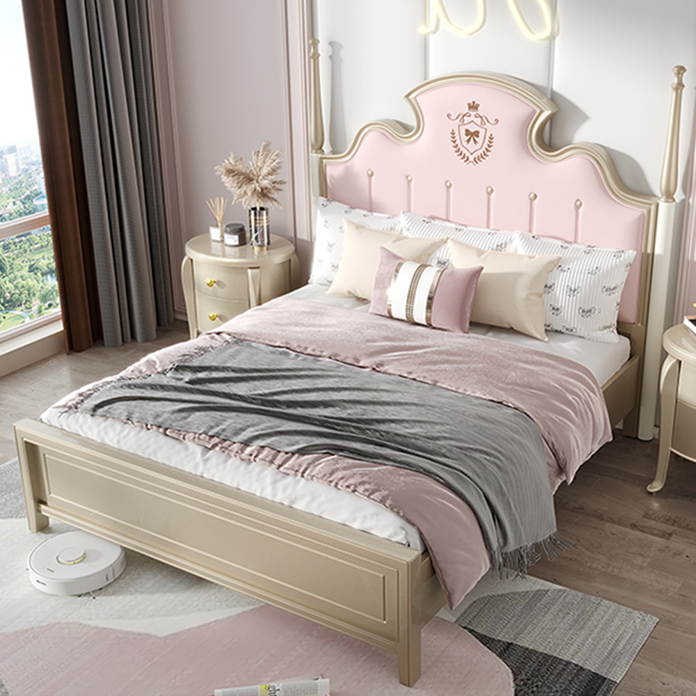 American Design Pink Princess Upholstery Bed French Light Luxury Queen Size Leather Solid Wood Double Bed With Storage