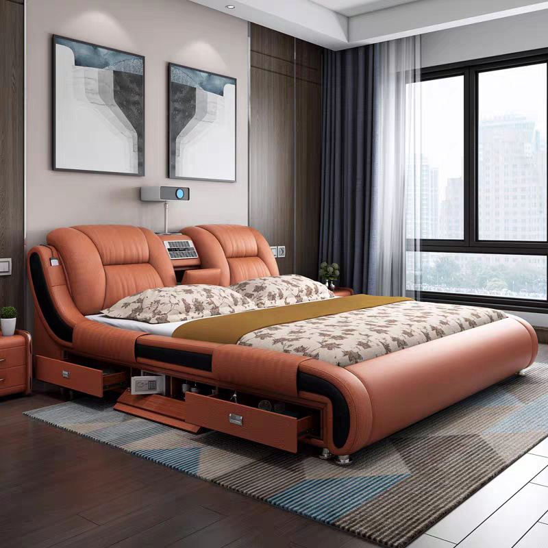 Modern Luxury Genuine Leather Bed Hot Sale High End Multifunctional Smart Bed With Massage And Projector TV Home Funiture