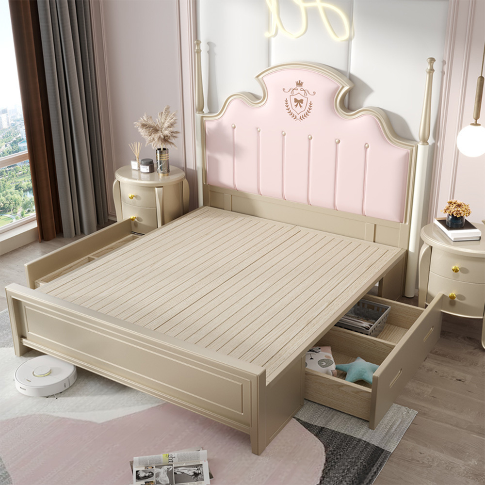 American Design Pink Princess Upholstery Bed French Light Luxury Queen Size Leather Solid Wood Double Bed With Storage