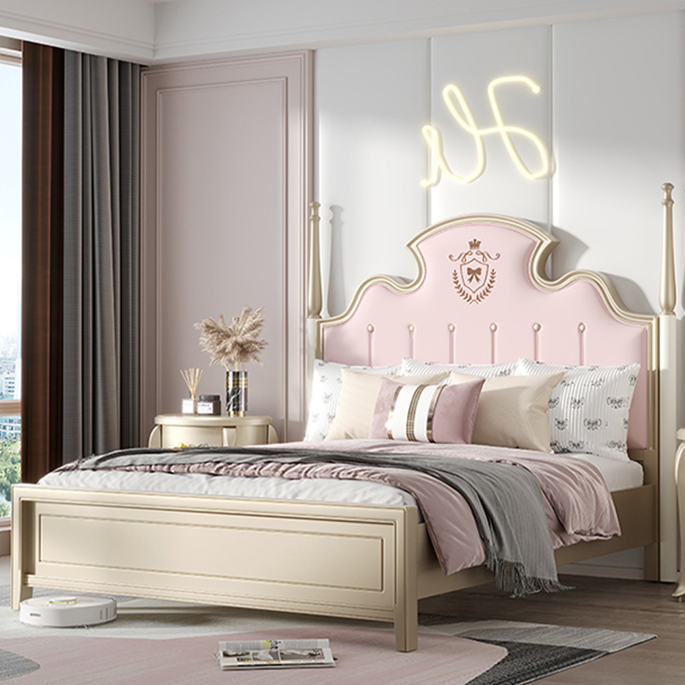 American Design Pink Princess Upholstery Bed French Light Luxury Queen Size Leather Solid Wood Double Bed With Storage