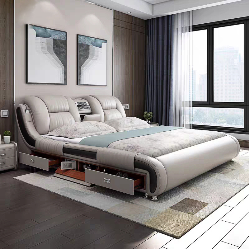 Modern Luxury Genuine Leather Bed Hot Sale High End Multifunctional Smart Bed With Massage And Projector TV Home Funiture