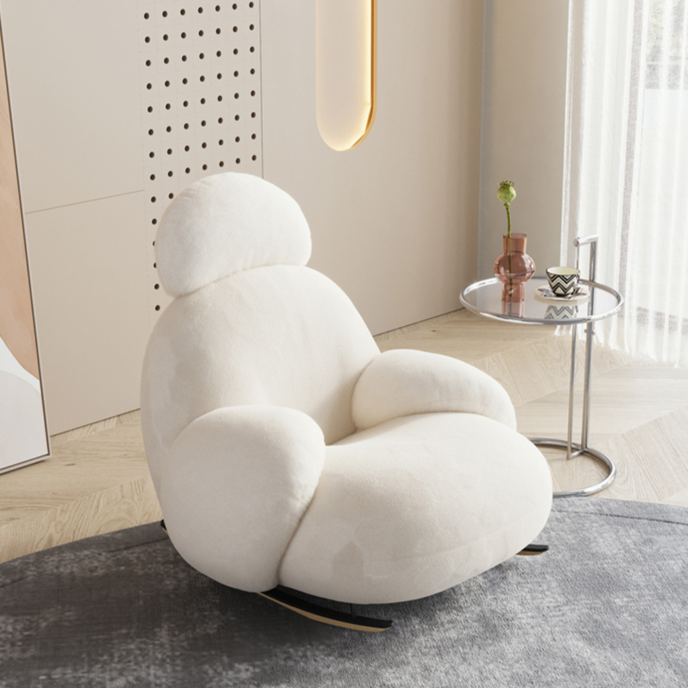 Modern Living Room Furniture White Plush Fabric Rocking Chair Solid Wood Legs Lounge Chair With Footstool