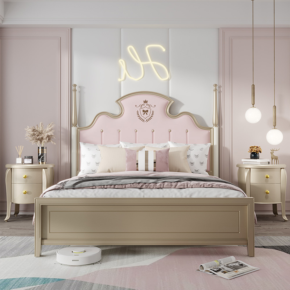 American Design Pink Princess Upholstery Bed French Light Luxury Queen Size Leather Solid Wood Double Bed With Storage