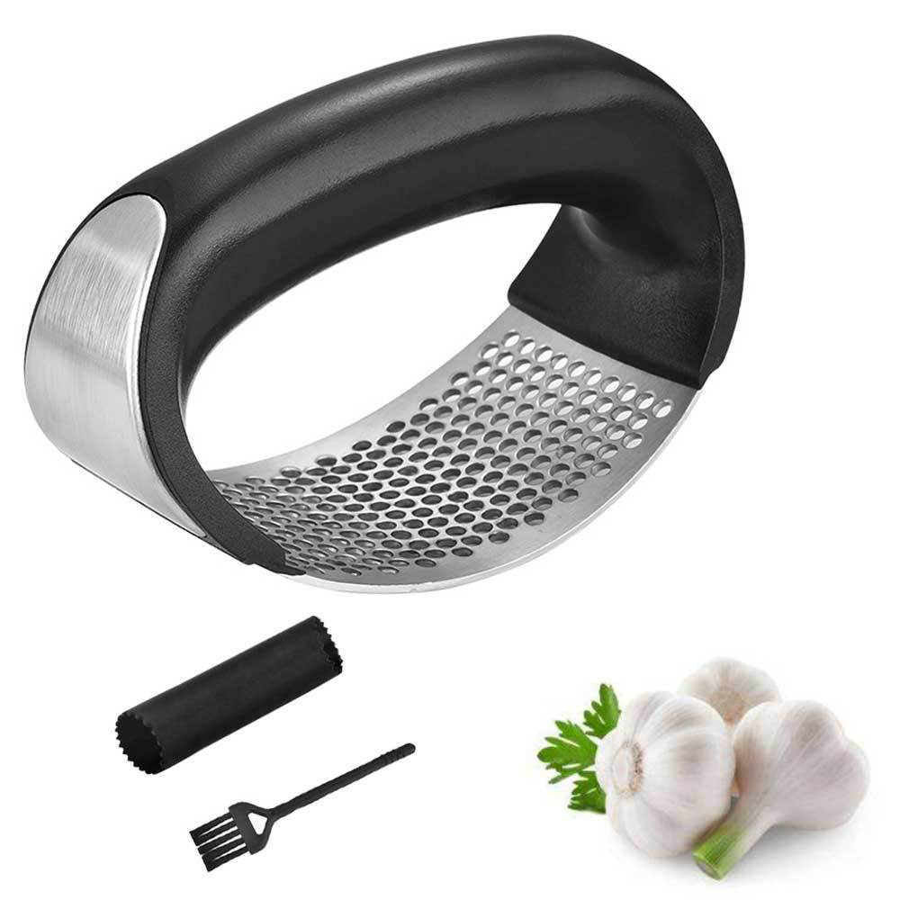 Stainless Steel Garlic Press Rocker With Silicone Garlic Peeler and Cleaning Brush For Kitchen Tools