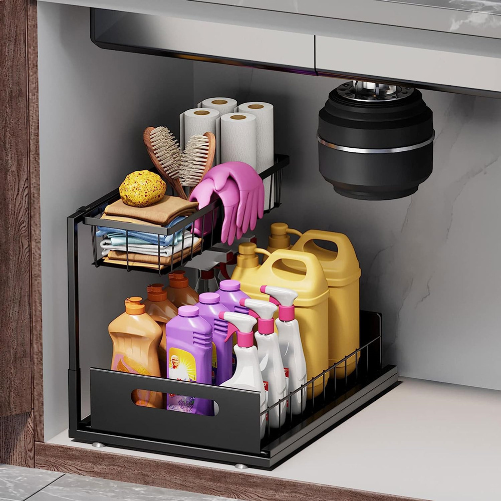 Under Sink Organizer And Storage Sliding Pull Out 2 Tier Metal Undersink Organizer for Kitchen Bathroom