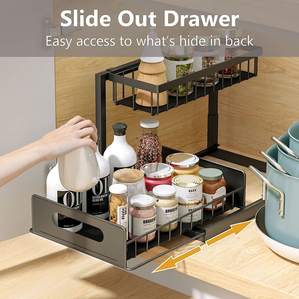 Under Sink Organizer And Storage Sliding Pull Out 2 Tier Metal Undersink Organizer for Kitchen Bathroom