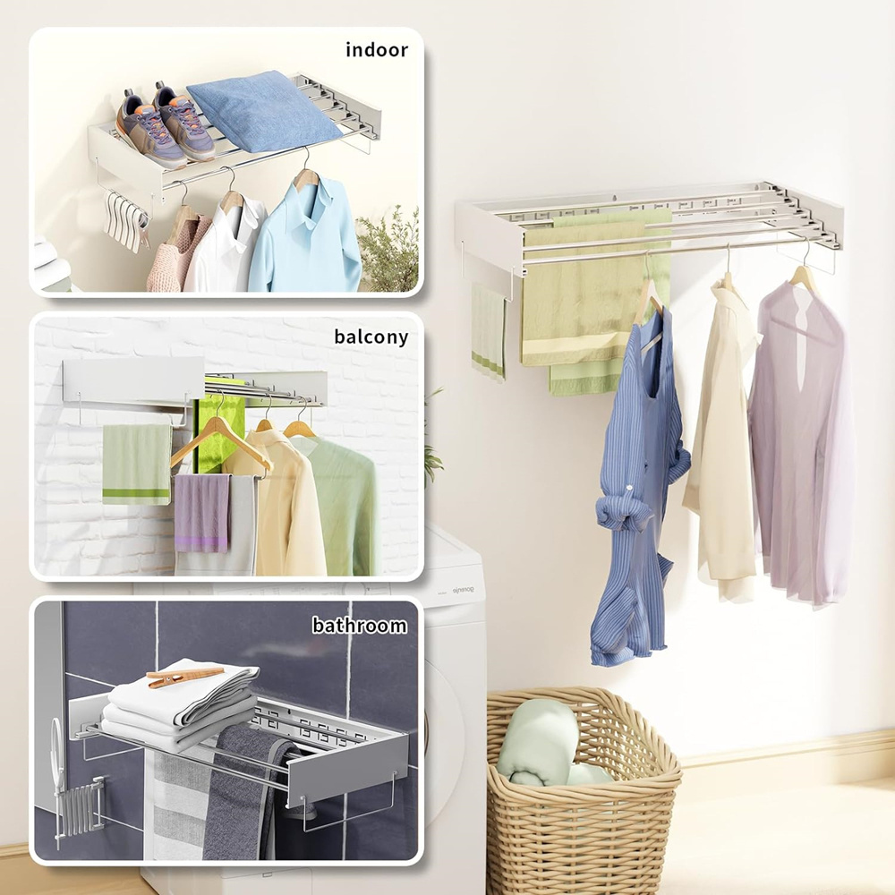 Wall Mounted Stainless Steel Expandable Folding Clothes Drying Racks With Towel Rings