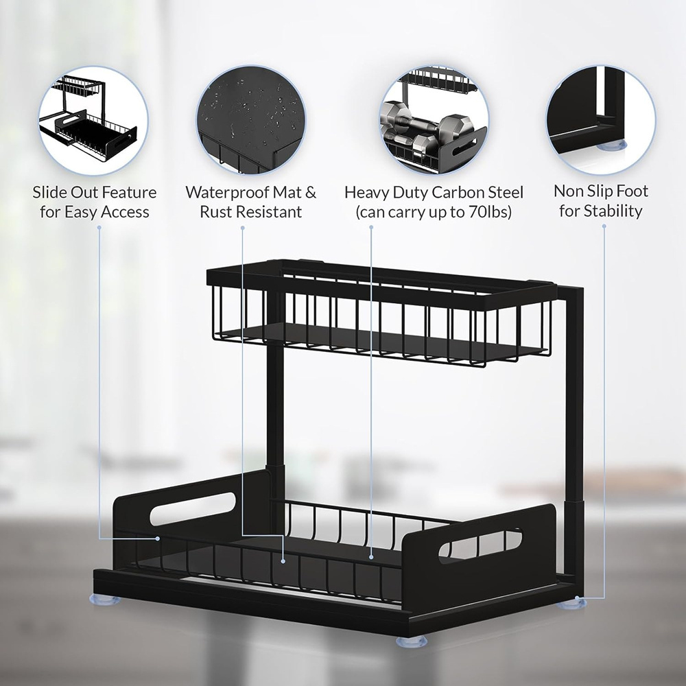 Custom Metal Cabinet Storage Kitchen Storage Rack Heavy Duty Undersink Pull Out Under Sink Organizer 2 tier