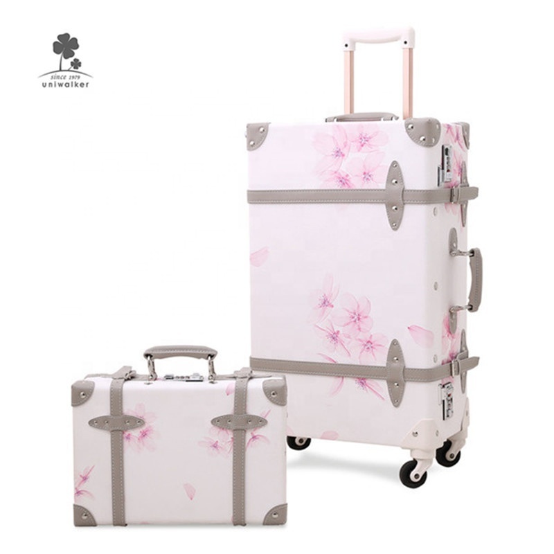 Japanese Popular Hot Sale Lady Pink Waterproof Pu Leather Trolley Luggage Sets With Little Handbag