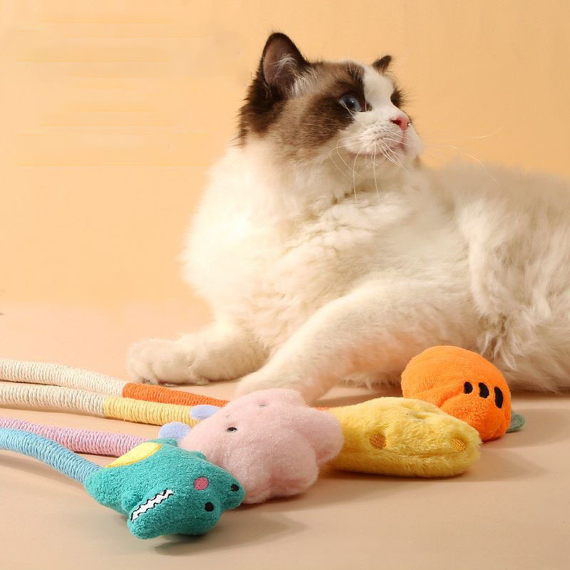 Biting on the rope teasing the cat with a stick relieving stress grinding teeth pet products toys