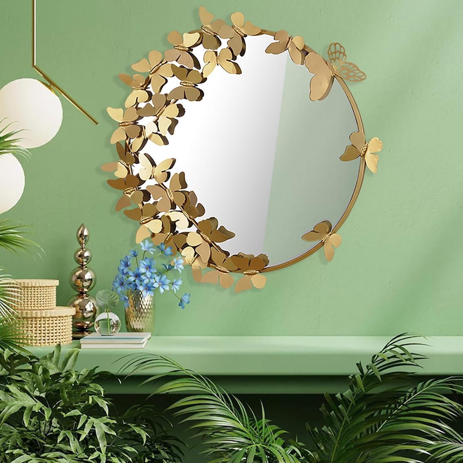 Butterfly Metal Frame Decorative Mirrors for Bathroom Wall, Circle Golden Mirror for Living Room