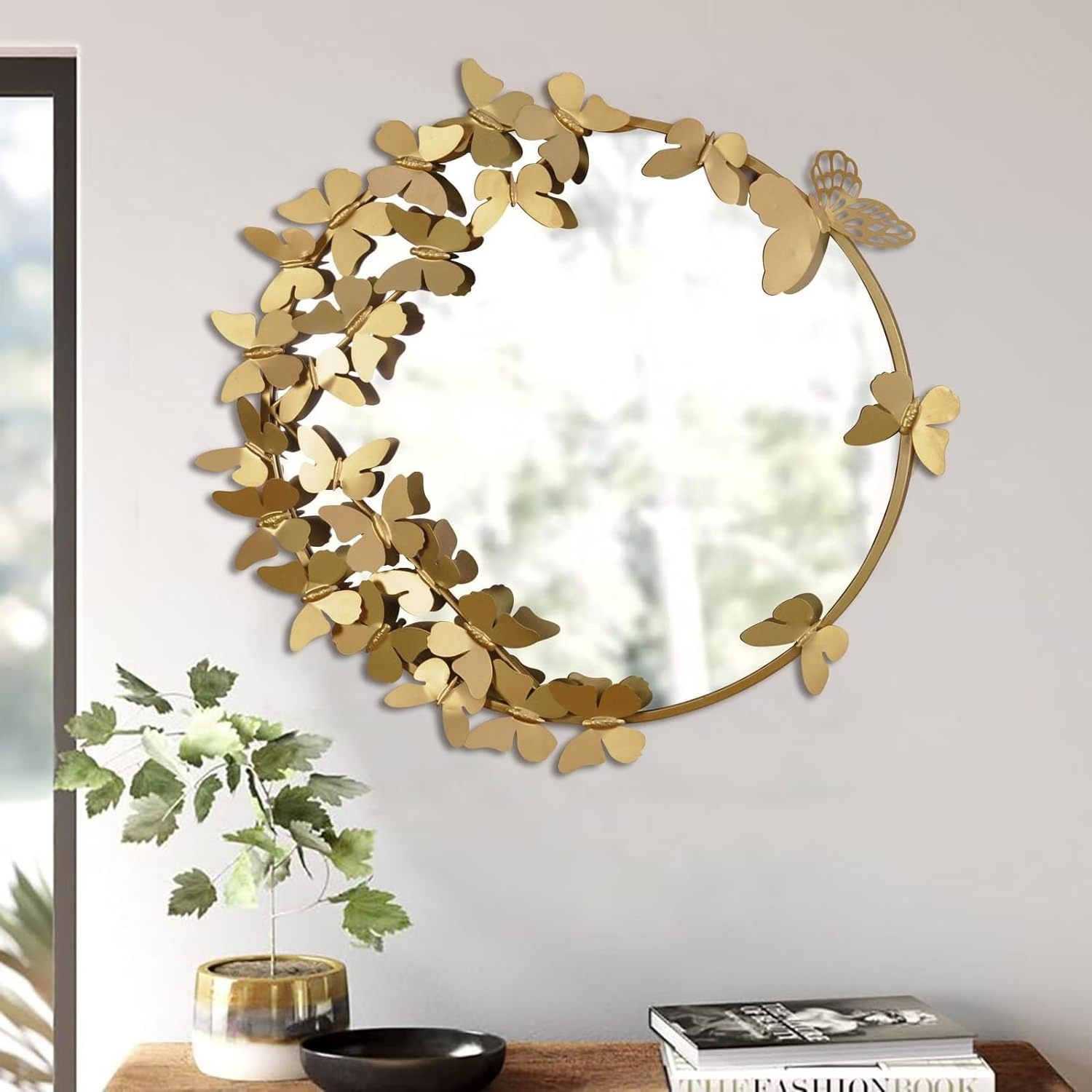 Butterfly Metal Frame Decorative Mirrors for Bathroom Wall, Circle Golden Mirror for Living Room