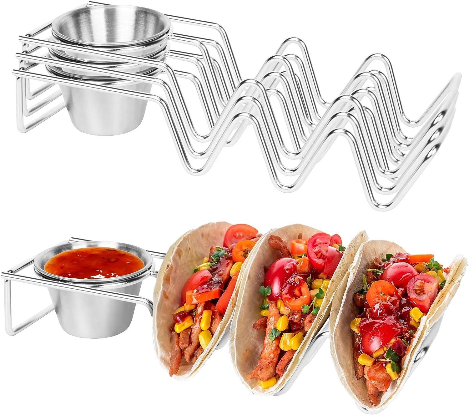 Hot Selling Rack with Salsa Cup Oven Safe Baking Dish washer and Grill Safe Stainless Steel Taco Holder