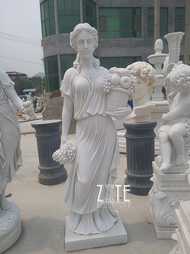 Classic Colored Art Deco Garden Statues Marble Four Season Lady Sculpture With Grapes