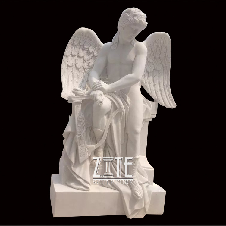 Outdoor Garden Life Size White Marble Stone Male Guardian Angel Statue