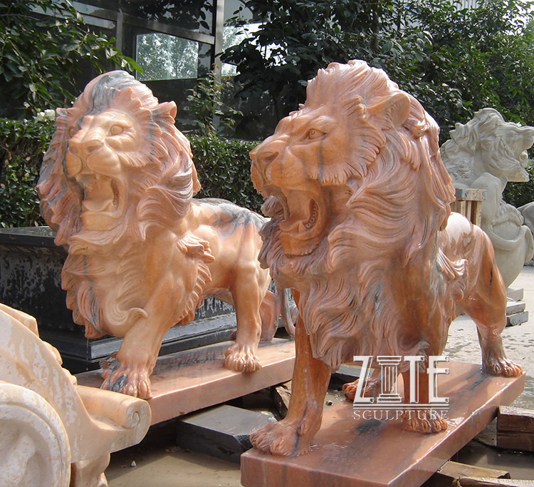 Hot Selling Outdoor pink marble animal lion sculpture statue