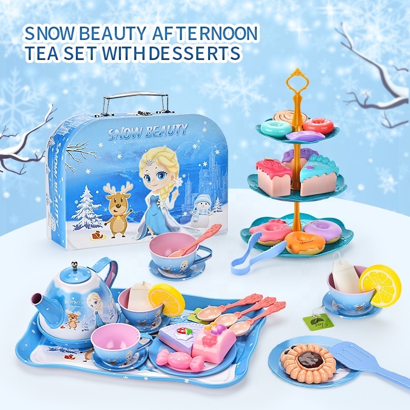 Playing House Princess Tinplate Afternoon Tea Set Desserts With 3-layer Dessert Stand Simulated Party Cakes Toys For Kids