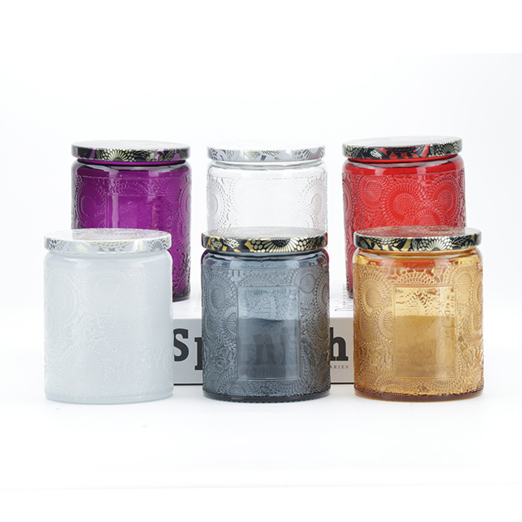 Custom 4 OZ 8 OZ 10 OZ 16 OZ Clear Colorful Retro Embossed Glass Candle Jar with Metal Lids Glass Candle Holders