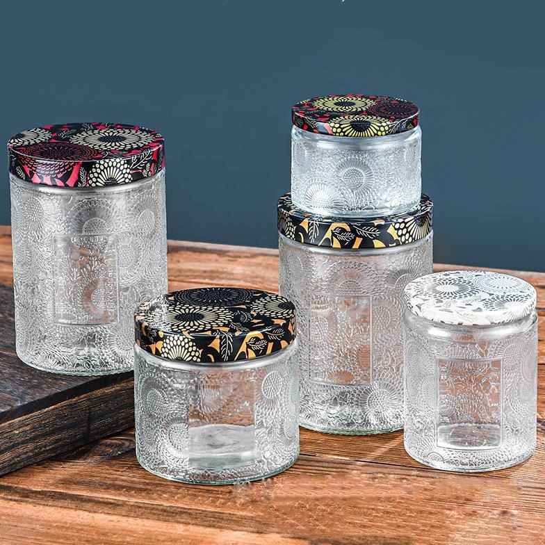 Custom 4 OZ 8 OZ 10 OZ 16 OZ Clear Colorful Retro Embossed Glass Candle Jar with Metal Lids Glass Candle Holders