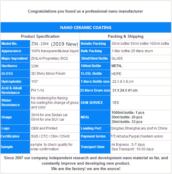 ZXL-10H ZIXILAI: Nano Ceramic Coating Providing Ultimate Shield for Automotive Surfaces