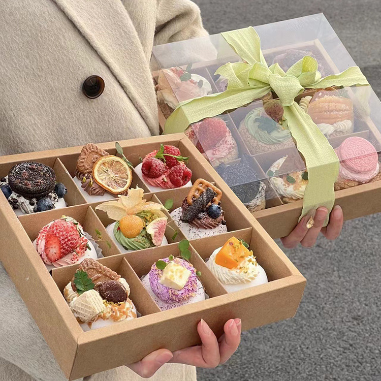 Kraft Paper Food Cookie Macaron Cupcake Box Packaging 9 Pieces Sweet Mini Cake Donut Party Wedding Box With Clear Window