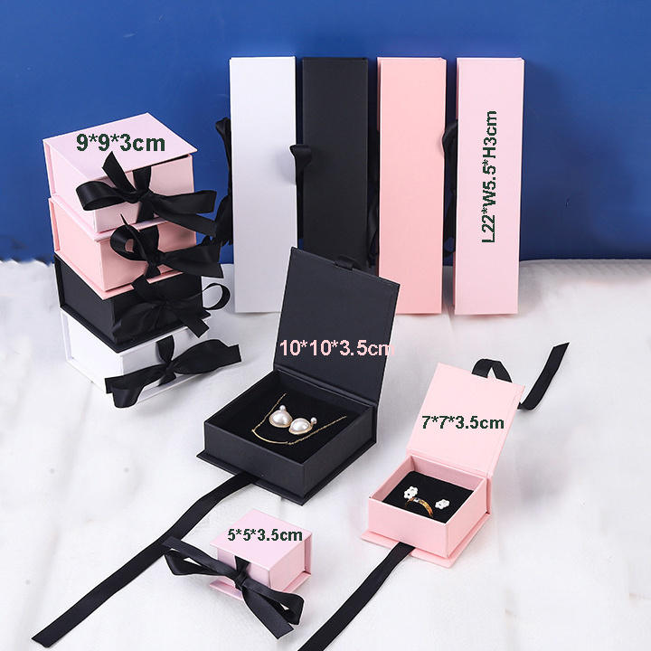 Custom Logo Jewelry Storage Box Packaging Flip Li Necklace Earring Bracelet Packaging Jewelry Box With Ribbon