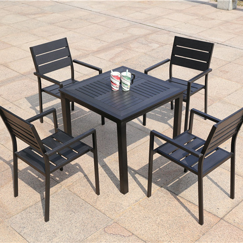 Outdoor Stackable Patio Black Restaurant Hot Selling Coffee Metal Aluminum 4 chair Garden Plastic Wood Chair Table Furniture Set