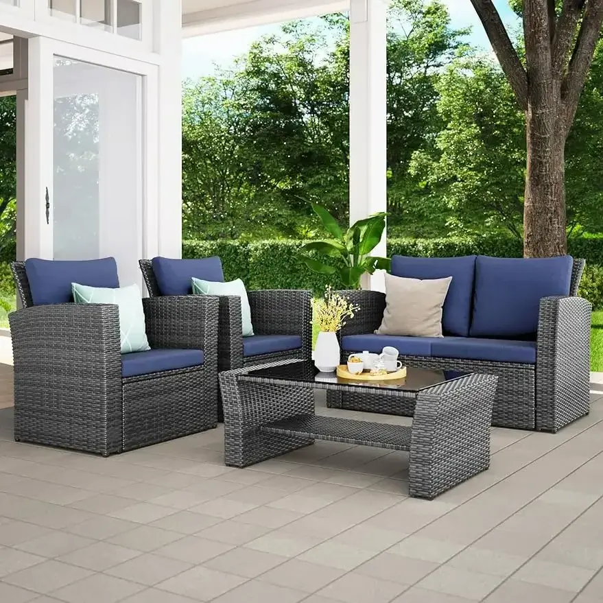 Factory Outdoor Patio Furniture Sets Wicker Conversation Set for Porch Deck Grey Rattan Sofa Chair with Blue Cushion