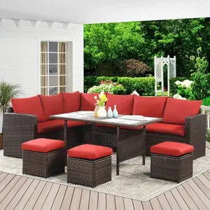 7 Piece Outdoor Dining Sectional Sofa with Dining Table and Chair All Weather Wicker Conversation Set with Ottoman Red