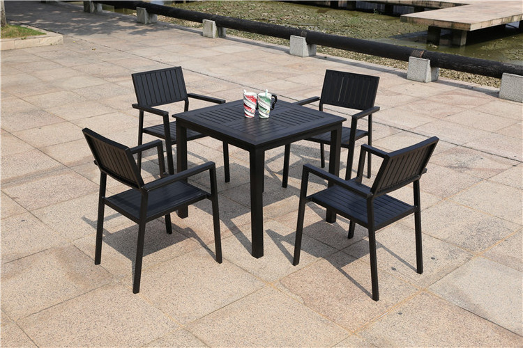 Outdoor Stackable Patio Black Restaurant Hot Selling Coffee Metal Aluminum 4 chair Garden Plastic Wood Chair Table Furniture Set