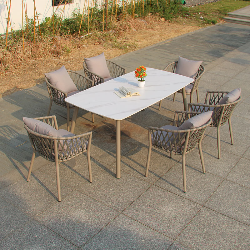 Save place Aluminum Frame Rope weaving handmade garden Plastic PE rattan dining Table chair wicker garden set outdoor furniture