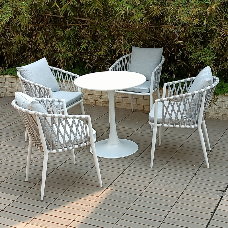 Garden Manufacture Weaving Woven Rope Patio rattan Chair Modern balcony plastic string outdoor garden dining chair with umbrella