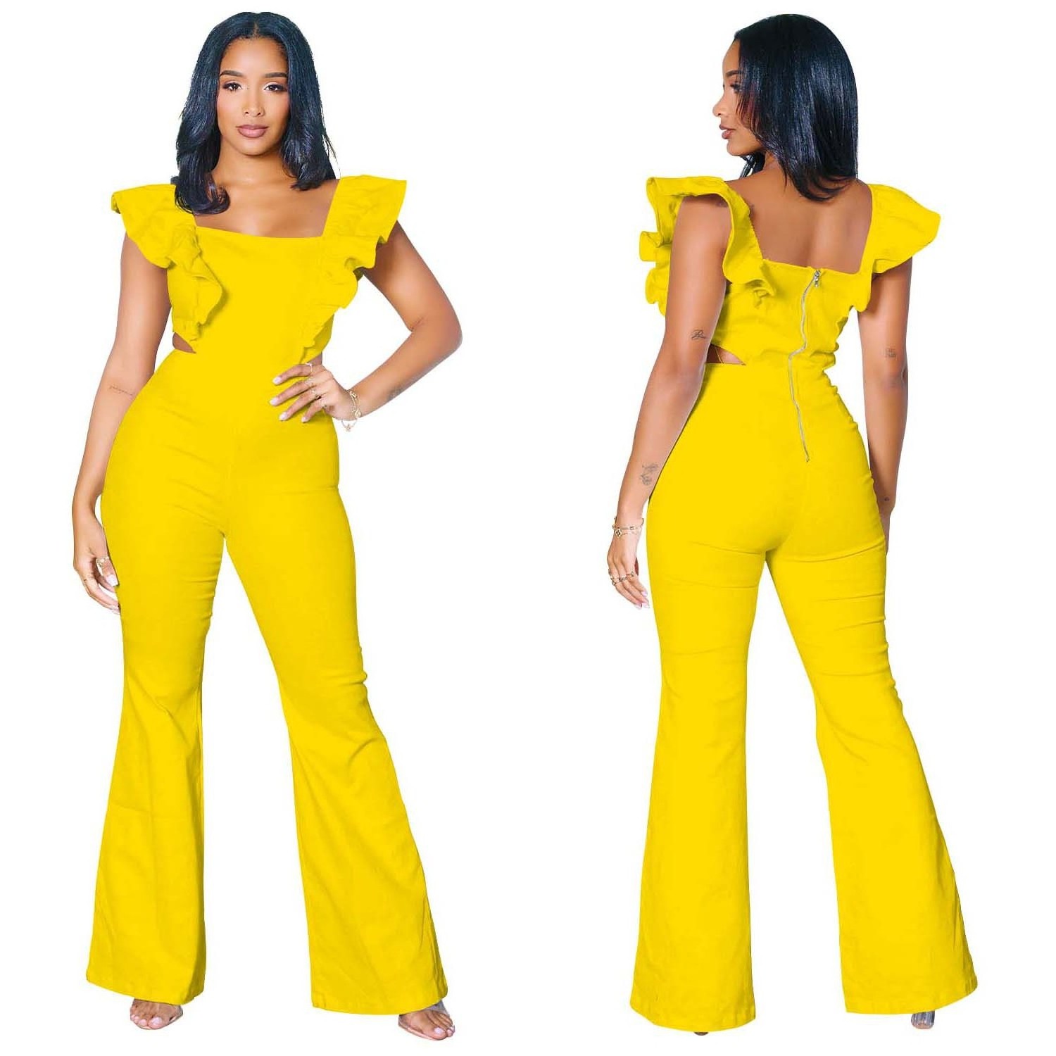 ZIYA A07S100 Ruffled Square Neck One Piece Zipper Skinny Women Club Wear Jumpsuit