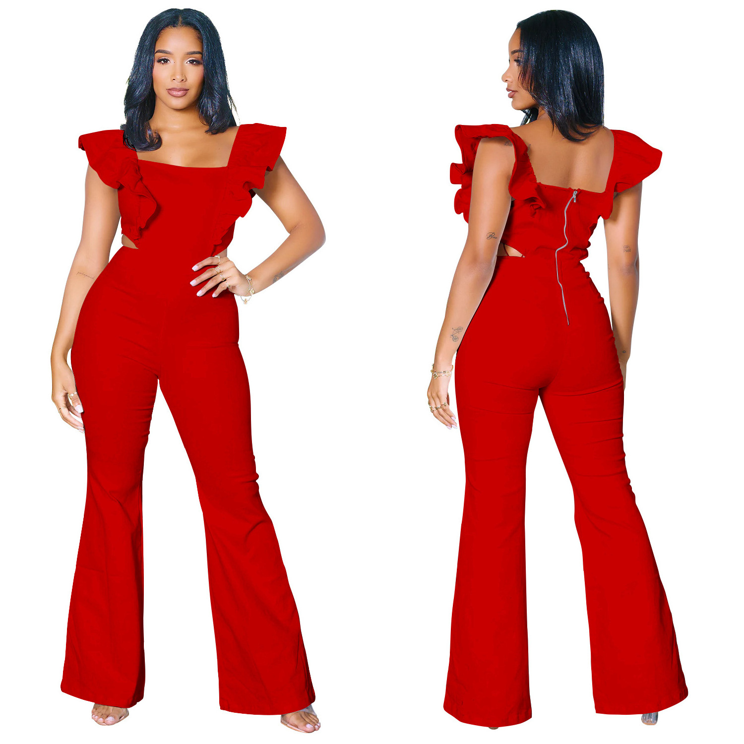 ZIYA A07S100 Ruffled Square Neck One Piece Zipper Skinny Women Club Wear Jumpsuit