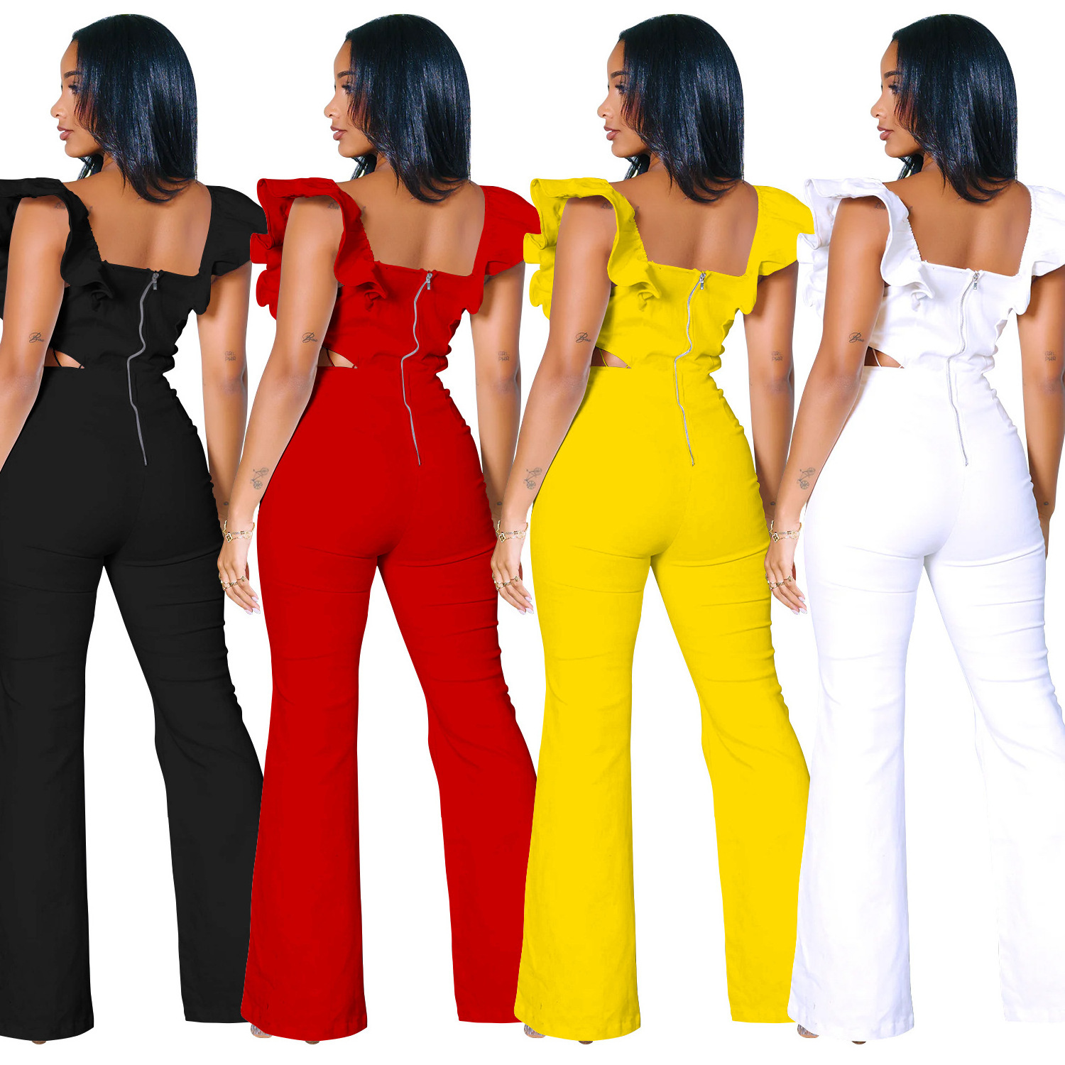 ZIYA A07S100 Ruffled Square Neck One Piece Zipper Skinny Women Club Wear Jumpsuit