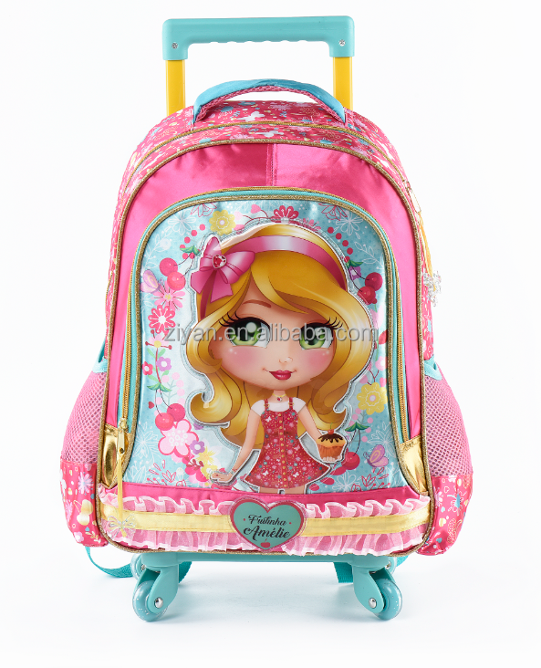 2024 Hot Sale Oxford Kids School Bag Cute Cartoon Trolley with Wheels Polyester Lining Day Use Colorful Logo Pattern