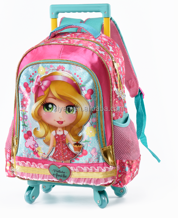 2024 Hot Sale Oxford Kids School Bag Cute Cartoon Trolley with Wheels Polyester Lining Day Use Colorful Logo Pattern