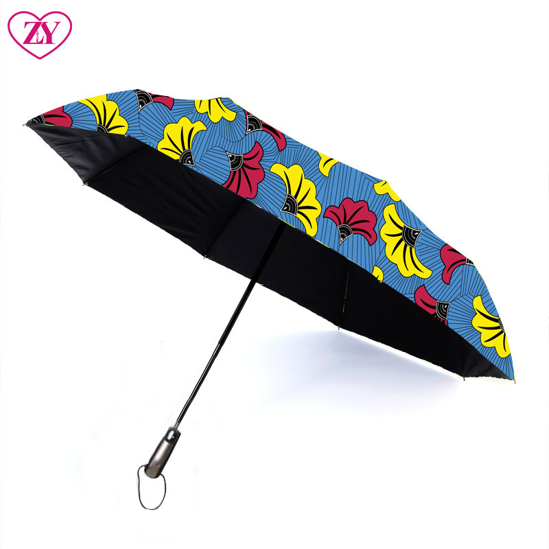 African Women Windproof UV Ankara Print Umbrellas Three Folding Automatic Sun Umbrella with Black Coating