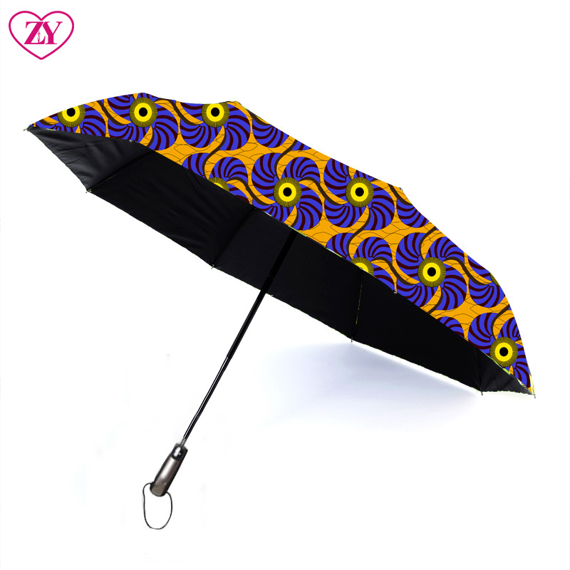 African Women Windproof UV Ankara Print Umbrellas Three Folding Automatic Sun Umbrella with Black Coating