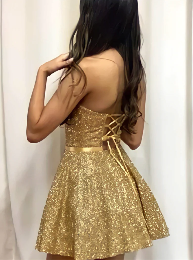 Wholesale Shiny Strapless Open Back Golden Short Prom Homecoming Evening Dresses