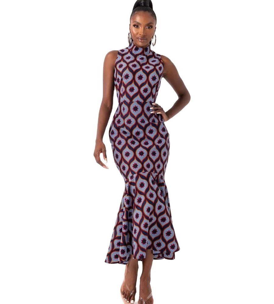 High Quality Africa Clothing African Fashion Design Dress Ankara Sleeveless Midi Mermaid Dress