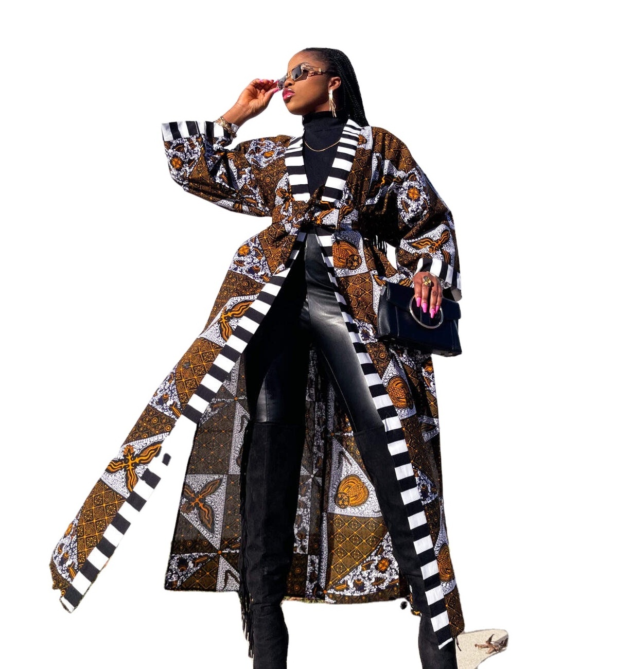 Wholesale Fashion Africa Women Clothing Ankara Print Contrast Binds Long Sleeve Kimono Robe