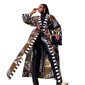 Wholesale Fashion Africa Women Clothing Ankara Print Contrast Binds Long Sleeve Kimono Robe