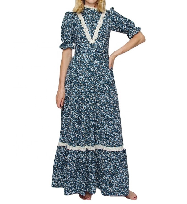 Ziyi New Spring Puff Sleeve Prairie Maxi Dress Turtleneck Lace Trim A Line Dress Women Bohemian Floral Dress