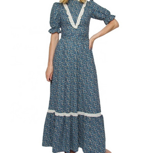 Ziyi New Spring Puff Sleeve Prairie Maxi Dress Turtleneck Lace Trim A Line Dress Women Bohemian Floral Dress