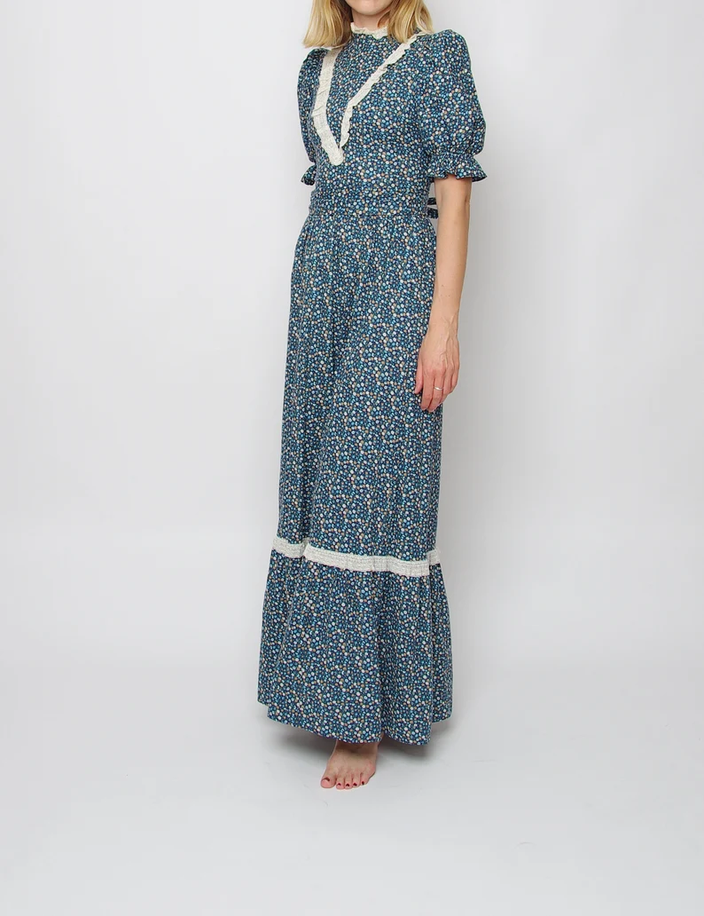 Ziyi New Spring Puff Sleeve Prairie Maxi Dress Turtleneck Lace Trim A Line Dress Women Bohemian Floral Dress