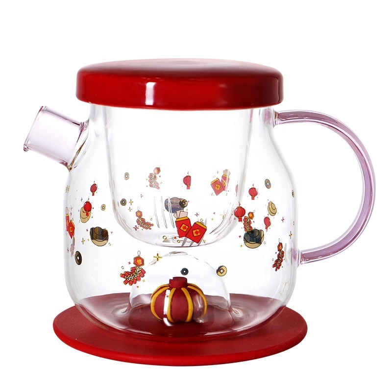 Red Lantern Glass Tea Pot and Cup Set New Year Gift Glass Tea Set